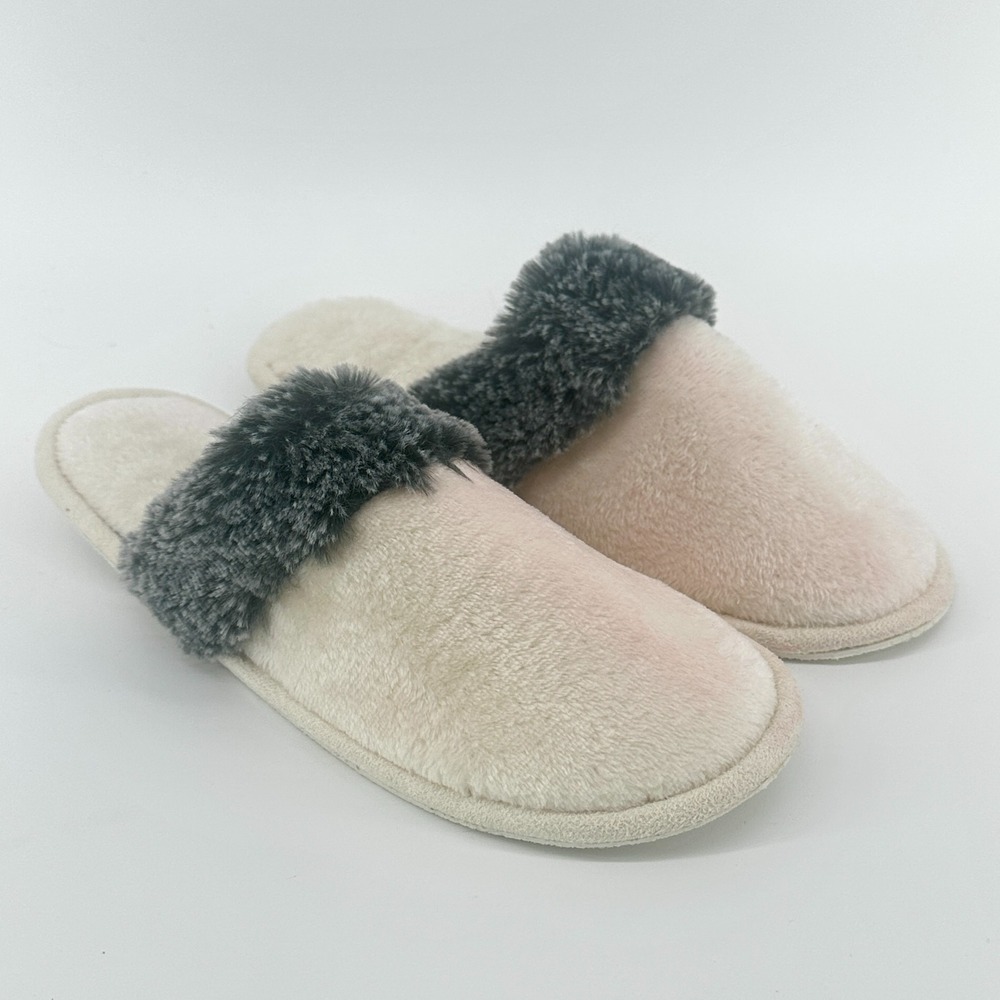 Kirkland's Home Slippers Women's 8/9 White Pink Gray Faux Fur Trim House Shoes